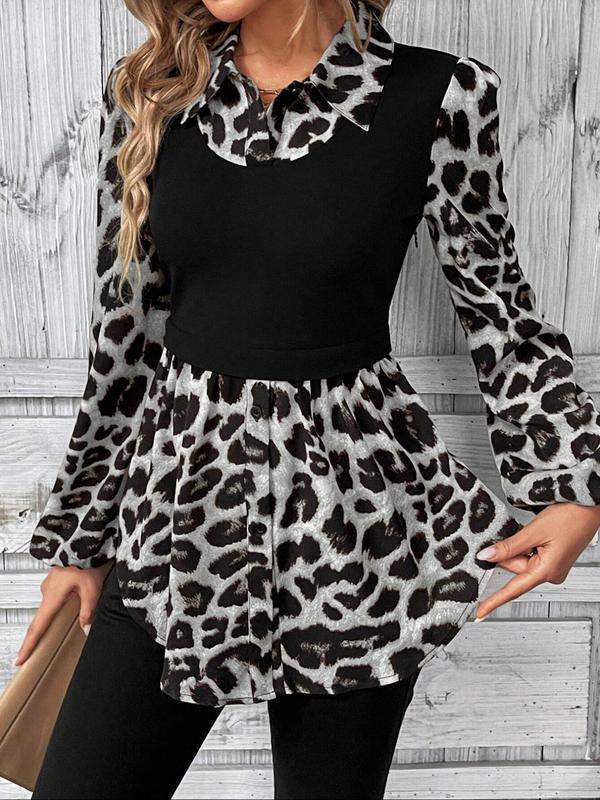 Women's Leopard Print Patchwork Colorblock Button Front Bishop Sleeve Blouse, Elegant Long Sleeve Collared Top for Spring & Fall, Women's Clothes for Daily Wear