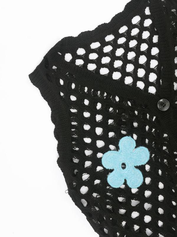 Women's Floral Appliques Button Front Crop Sweater Vest, Fashion Hollow Out Sleeveless V Neck Knitwear Top for Daily Wear, Ladies Knitwear for Summer