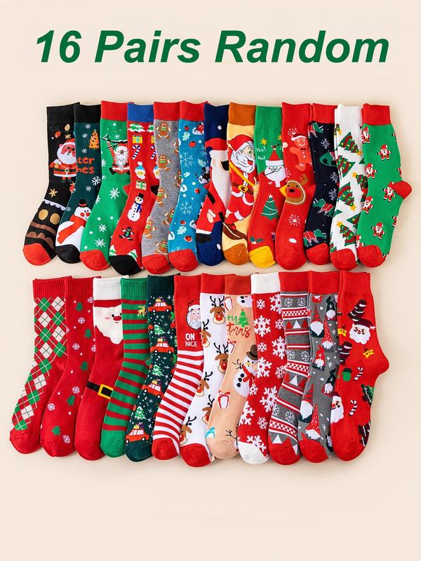 Random Women's Christmas Themed Print Crew Socks, Casual Comfortable Breathable Mid-calf Socks for Daily Wear, Women's Socks for All Seasons
