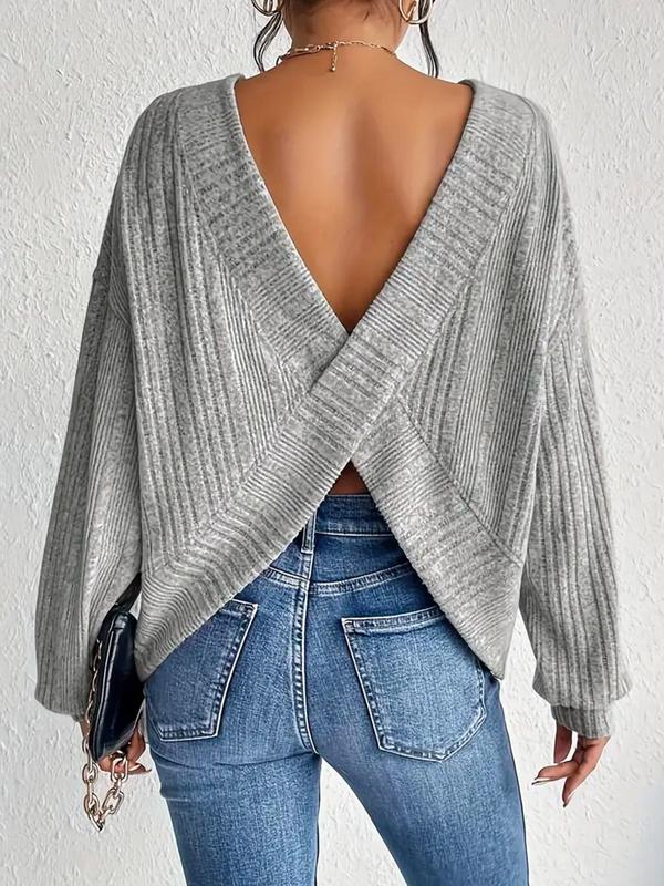 Women's Plain Criss Cross Bishop Sleeve Sweater, Comfort Simple Everyday Womenswear, Casual Long Sleeve Round Neck Jumper for Spring & Fall, Women's Knitwear for Daily Wear, Downtown Girl Clothes, Fall Gift