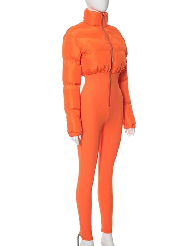 Women's Solid Zip Up Puffer Jumpsuit, Casual Long Sleeve Collared Jumpsuit for Fall & Winter, Women's Clothes for Daily Wear, Girl Clothes Jumpsuits For Women