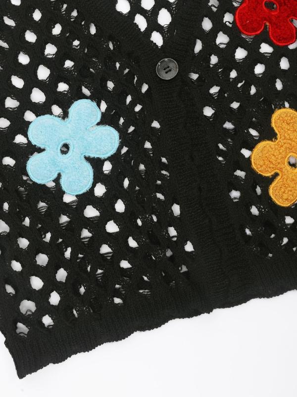 Women's Floral Appliques Button Front Crop Sweater Vest, Fashion Hollow Out Sleeveless V Neck Knitwear Top for Daily Wear, Ladies Knitwear for Summer