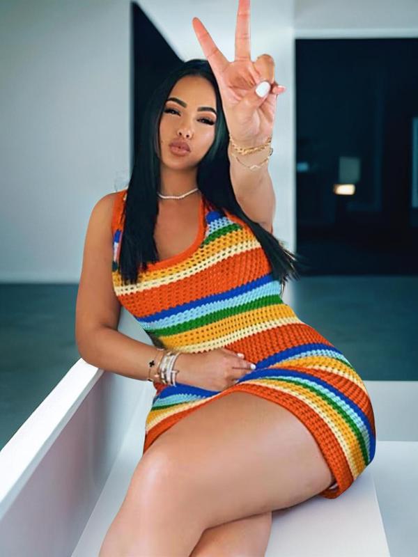 Women's Colorblock Striped Print Hollow Out Crochet Bodycon Dress, Dress in Club, Dresses for Women, Summer Dresses 2024, Back To School Outfits, Casual Sleeveless Short Dress for Summer, Ladies Clothes for Vacation Holiday Party