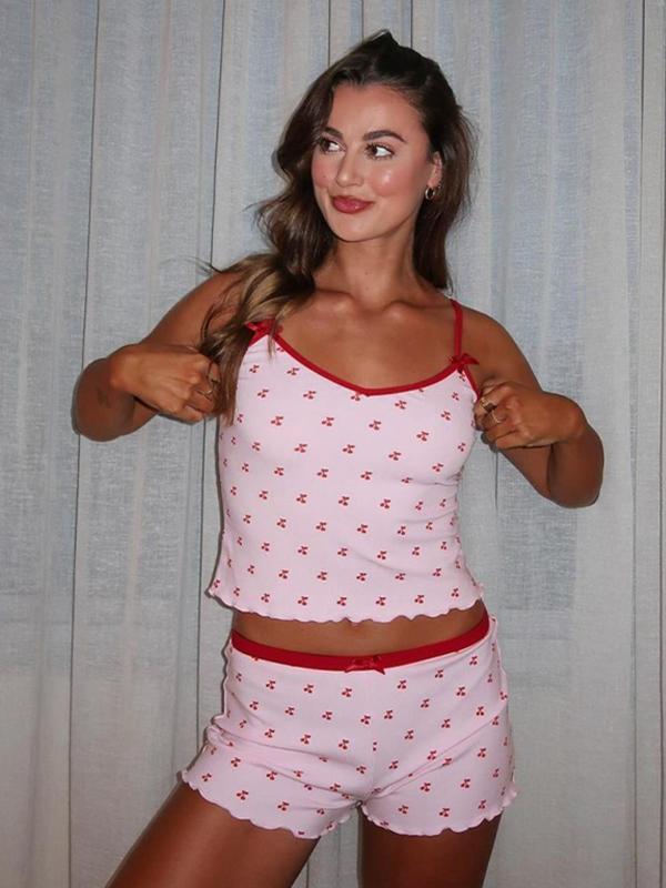 Women's Cherry Print Contrast Binding Crop Cami Top & Bow Decor Shorts Ribbed Loungewear Two-piece Set, Adjustable Spaghetti Strap Crop Top & Lettuce Trim Shorts, Summer Sleepwear Set for Women
