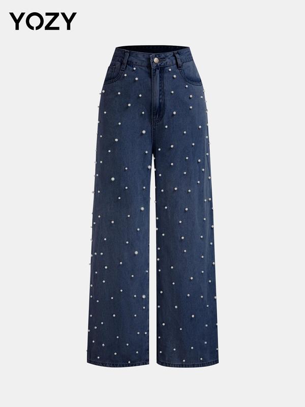 YOZY Christmas Deals, Women's Faux Pearl Decor Button Fly Wide Leg Jeans, Casual Comfy Pocket Design Denim Pants for Daily Wear, Baggy Jeans, Ladies Bottoms for Fall & Winter, Christmas 2024 Trend, Fall & Winter Clothes