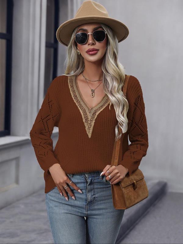 Women's Colorblock Contrast Lace Hollow Out Sweater, Casual Drop Shoulder Long Sleeve V Neck Jumper for Fall & Winter, Fashion Ladies' Knitwear for Daily Wear, Sweaters for Women, Fall Sweaters