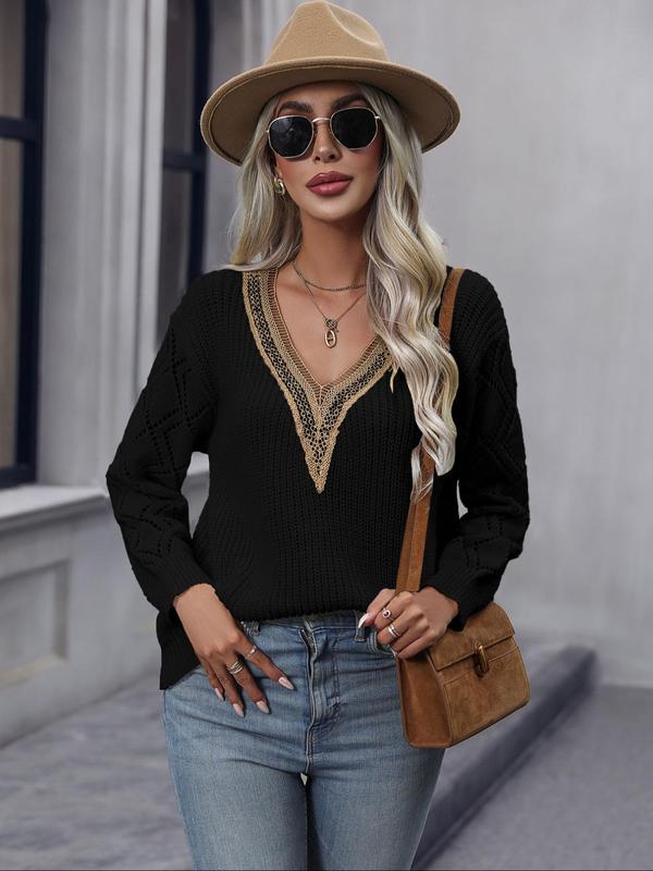 Women's Colorblock Contrast Lace Hollow Out Sweater, Casual Drop Shoulder Long Sleeve V Neck Jumper for Fall & Winter, Fashion Ladies' Knitwear for Daily Wear, Sweaters for Women, Fall Sweaters