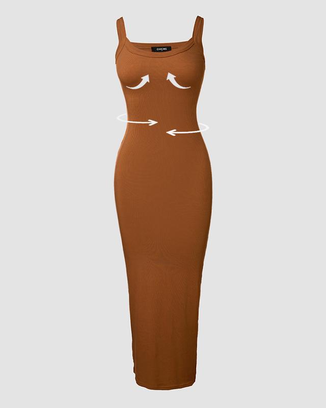 ChicMe Women Basic Lounge Slip U-Neck Long Dress Elegant Sleeveless Ribbed Bodycon Maxi Dresses Casual Fit