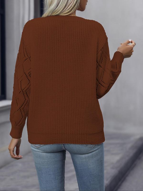 Women's Colorblock Contrast Lace Hollow Out Sweater, Casual Drop Shoulder Long Sleeve V Neck Jumper for Fall & Winter, Fashion Ladies' Knitwear for Daily Wear, Sweaters for Women, Fall Sweaters