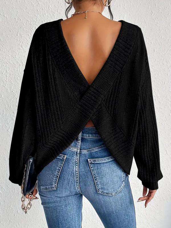 Women's Plain Criss Cross Bishop Sleeve Sweater, Comfort Simple Everyday Womenswear, Casual Long Sleeve Round Neck Jumper for Spring & Fall, Women's Knitwear for Daily Wear, Downtown Girl Clothes, Fall Gift
