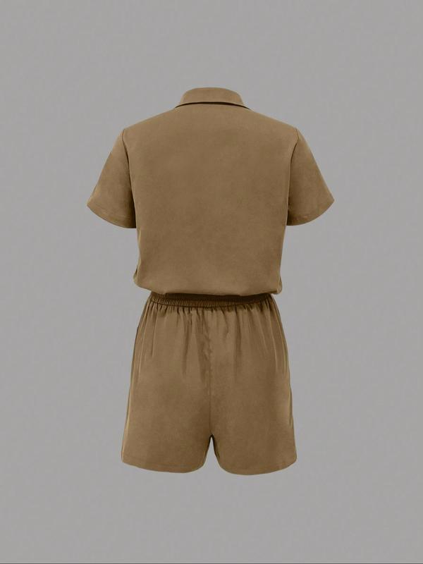 Women's Plain Drawstring Button Front Back To School Shirt Romper, Casual Short Sleeve Collared Elastic Waist Jumpsuit for Summer, Rompers for Women, Fashion Women's Jumpsuit for Daily Wear