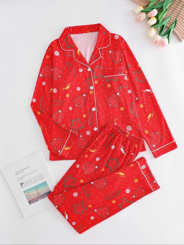 Two-piece Set Women's Christmas Print Button Front Pocket Shirt & Elastic Waist Pants Pyjama, Casual Comfy Long Sleeve Collared Top & Trousers Pyjama Set, Sleepwear for Spring, Fall Clothing Women, Pajama Pants at Gym