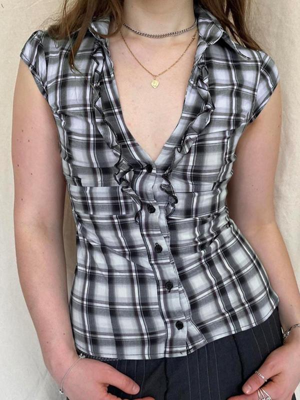 Women's Plaid Print Frill Trim Button Front Blouse, Summer Clothes Women, Casual Cap Sleeve Collared Top for Summer, Women's Clothing for Daily Wear