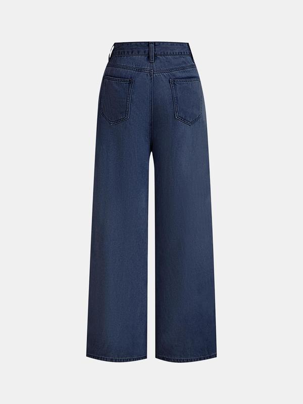 YOZY Christmas Deals, Women's Faux Pearl Decor Button Fly Wide Leg Jeans, Casual Comfy Pocket Design Denim Pants for Daily Wear, Baggy Jeans, Ladies Bottoms for Fall & Winter, Christmas 2024 Trend, Fall & Winter Clothes
