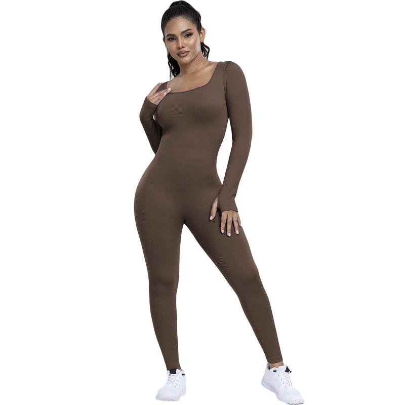 Kabuer Flattering Ribbed One-Piece Jumpsuit - High Waisted, Long Sleeved, Casual Fitness Bodysuit for Women Womenswear Comfort Crew Neck Knit winter sport clothes