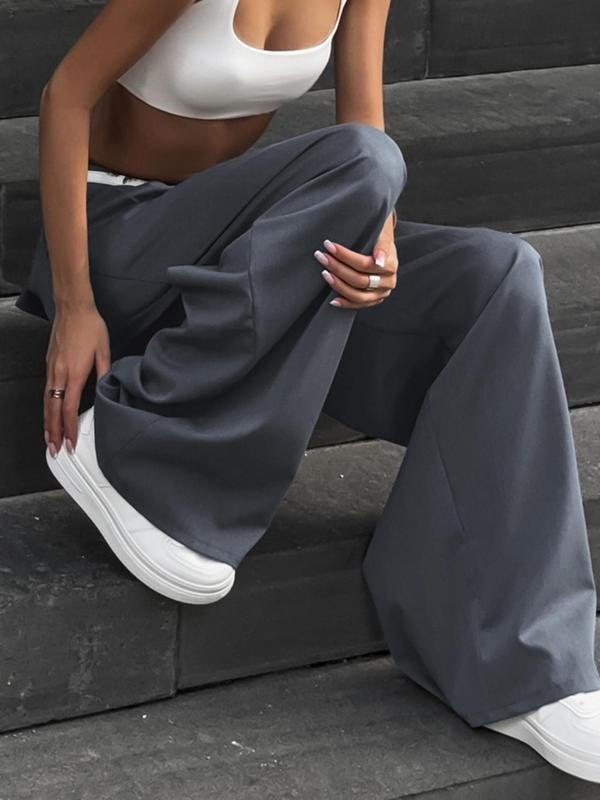 Women's Contrast Lace Wrap Straight Leg Pants, Casual Button Fly Pocket Trousers for Fall & Winter, Women's Bottoms for Daily Wear