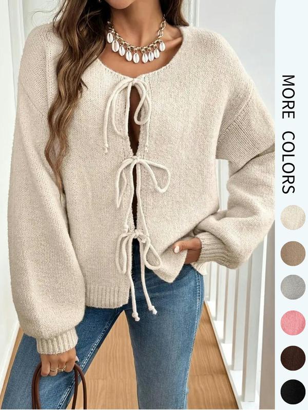 Women's Solid Color Tie Front Drop Shoulder Cardigan, Casual Long Sleeve Knitwear for Fall & Winter, Fashion Women's Knit Clothing for Daily Wear