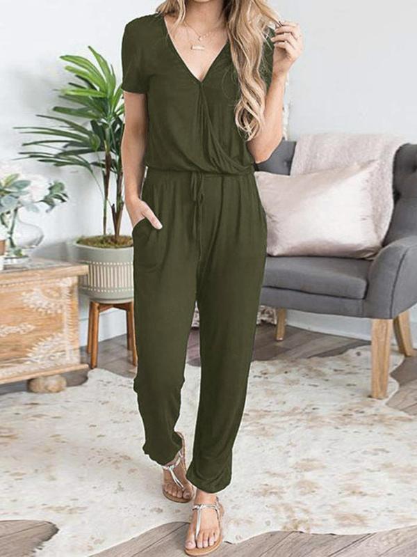 Women's Plain Wrap V Neck Pocket Drawstring Jumpsuit, Casual Solid Tee Jumpsuit for Summer, Fashion Ladies' Clothes for Daily Wear