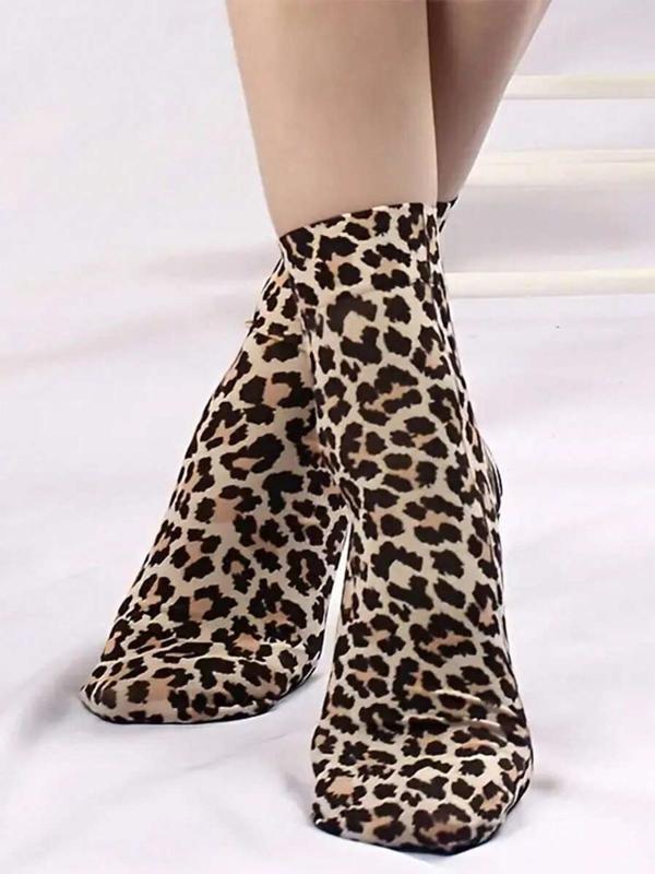Women's Leopard Print Sheer Crew Socks, Casual Soft Comfy Breathable Mid-calf Socks  for Fall & Winter, Women's Socks for Daily Wear