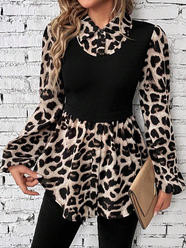 Women's Leopard Print Patchwork Colorblock Button Front Bishop Sleeve Blouse, Elegant Long Sleeve Collared Top for Spring & Fall, Women's Clothes for Daily Wear