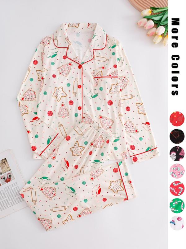 Two-piece Set Women's Christmas Print Button Front Pocket Shirt & Elastic Waist Pants Pyjama, Casual Comfy Long Sleeve Collared Top & Trousers Pyjama Set, Sleepwear for Spring, Fall Clothing Women, Pajama Pants at Gym