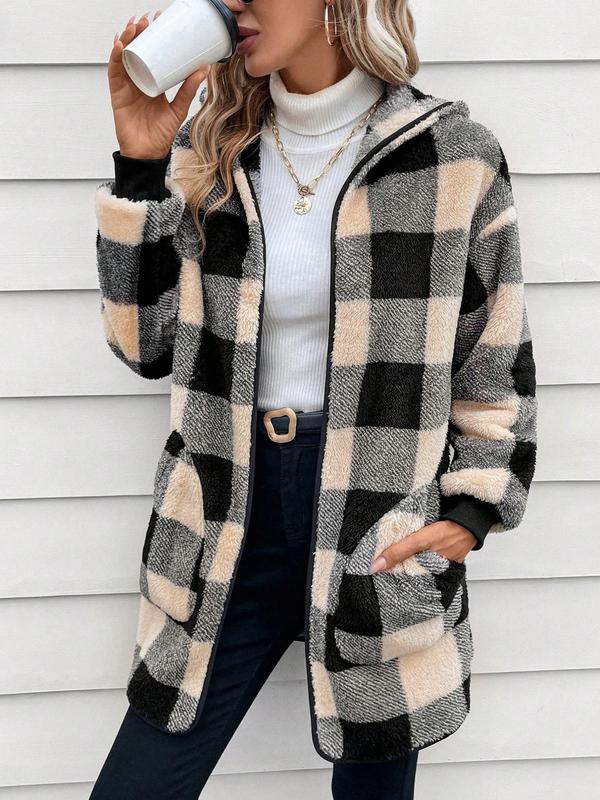 Women's Plaid Print Drop Shoulder Hooded Fleece Jacket, Casual Long Sleeve Pocket Outerwear for Fall & Winter, Ladies Clothes for Daily Wear