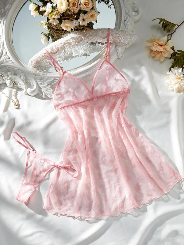 Women's 2pcs Plain Heart Print Lettuce Trim Sheer Cami Nightdress & Thong Tulle Underwear Set, Casual Adjustable Spaghetti Strap Nightdress & Panty Lingerie Set, Ladies Summer Sleepwear Set