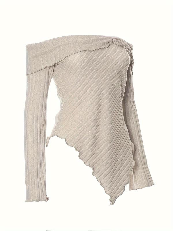 Women's Plain Lettuce Trim Off Shoulder Sweater, Casual Asymmetrical Hem Long Sleeve Jumper for Daily Outdoor Wear, Ladies Knitwear for All Seasons, Downtown Girl Clothes