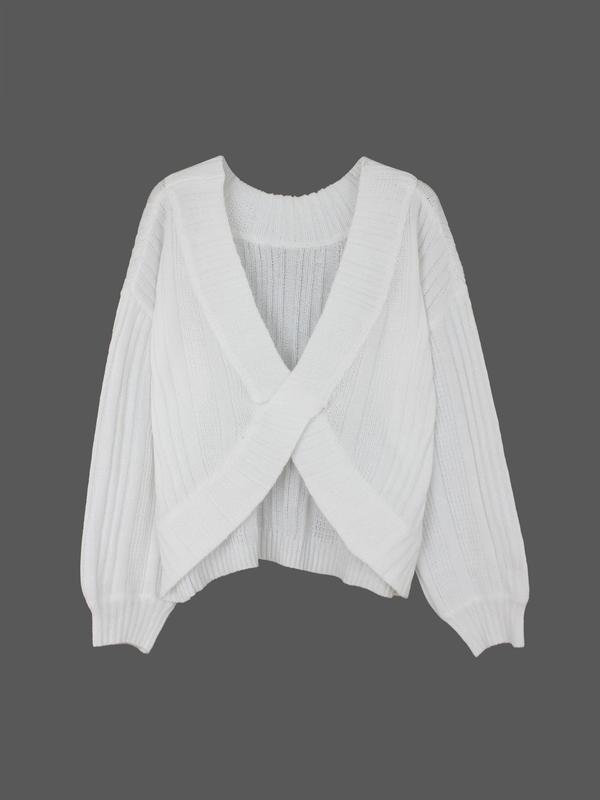 Women's Plain Criss Cross Bishop Sleeve Sweater, Comfort Simple Everyday Womenswear, Casual Long Sleeve Round Neck Jumper for Spring & Fall, Women's Knitwear for Daily Wear, Downtown Girl Clothes, Fall Gift