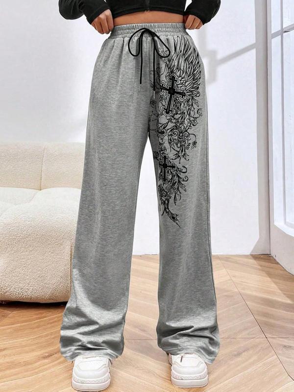 Women's Cross & Floral Print Tie Front Sweatpants, Sweatpants for Women, Punk Fashion Casual Pocket Straight Leg Trousers for Daily Wear, Ladies Bottoms for All Seasons