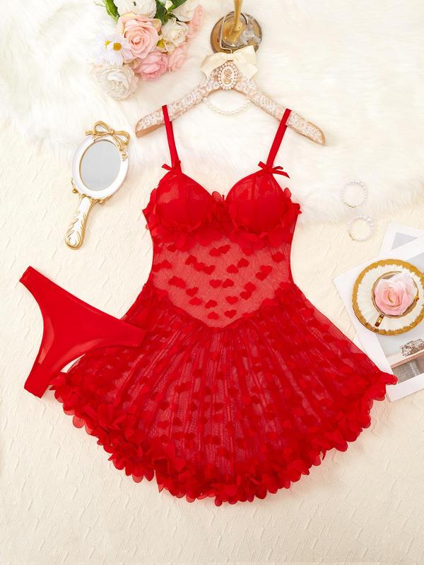 Women's Heart Print Appliques Sheer Tulle Sexy Lingerie Two-piece Set, Adjustable Strap Bow Decor Cami Nightdress & Thong Set, Women's Lingerie & Underwear for All Seasons