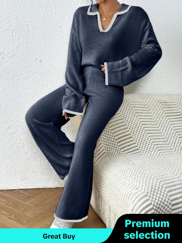 Two-Piece Set Women's Contrast Binding Drop Shoulder Sweater & Straight Leg Pants Set, Fall Outfits, Casual Fashion Cozy Knitwear Set for Daily Outdoor Wear, Women Clothes for Fall & Winter Cute Going Out Tops
