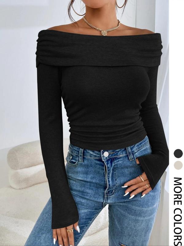 Women's Plain Ruched Off Shoulder Tee, Casual Top, Long Sleeve T-Shirt for Spring & Fall, Women's Clothing for Daily Wear