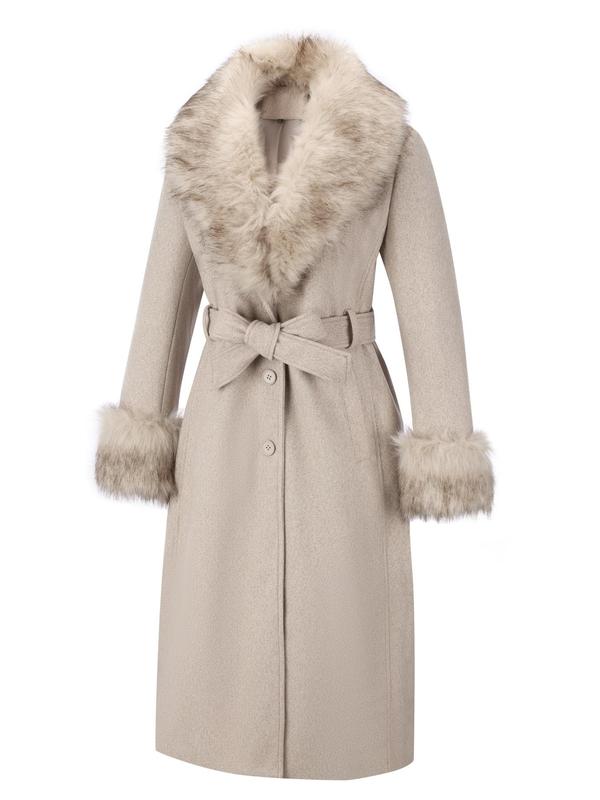 Women's Solid Button Front Belted Faux Fur Trim Wool & Pea Coat, Casual Long Sleeve Pocket Outerwear with Fur Collar, Winter Clothes Women 2024, Women's Clothing for Fall & Winter