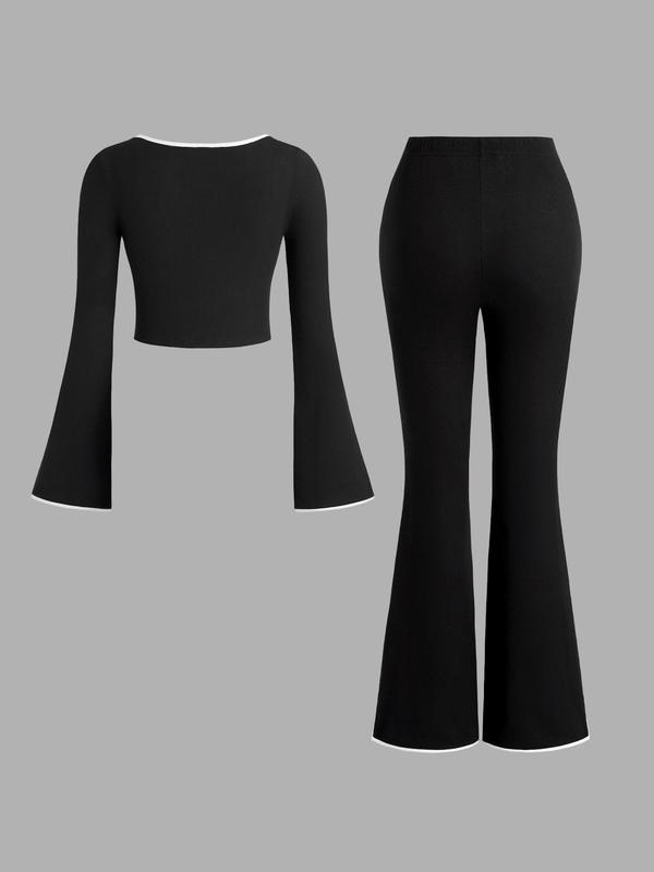 YOZY Women's Contrast Binding Flounce Sleeve Top & Split Hem Pants Two-piece Set, Casual Round Neck Long Sleeve Top & Trousers Two Piece Set for Daily Wear, Ladies Clothes for All Seasons