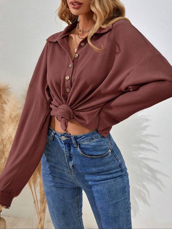 Women's Plain Half Button Drop Shoulder Tee, Casual Long Sleeve Collared Top for Spring & Fall, Women's Clothing for Daily Wear