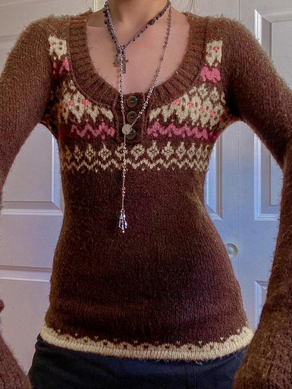 Women's Geometric Jacquard Button Front Scoop Neck Sweater, Casual Long Sleeve Jumper for Fall & Winter, Fashion Ladies' Knitwear for Daily Wear