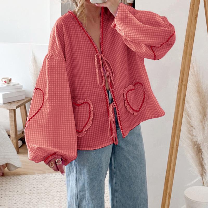 Women Long Sleeve Shirts Heart Embroidery Plaid Front Bowknot Tie-Up Blouses Fashion Spring Summer Casual Tops