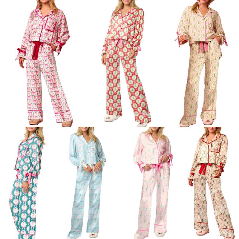 Christmas Pajamas for Women Bow Tie Long Sleeve Shirt Pants Satin Silk Funny Graphic Two Piece Pjs Set Sleepwear
