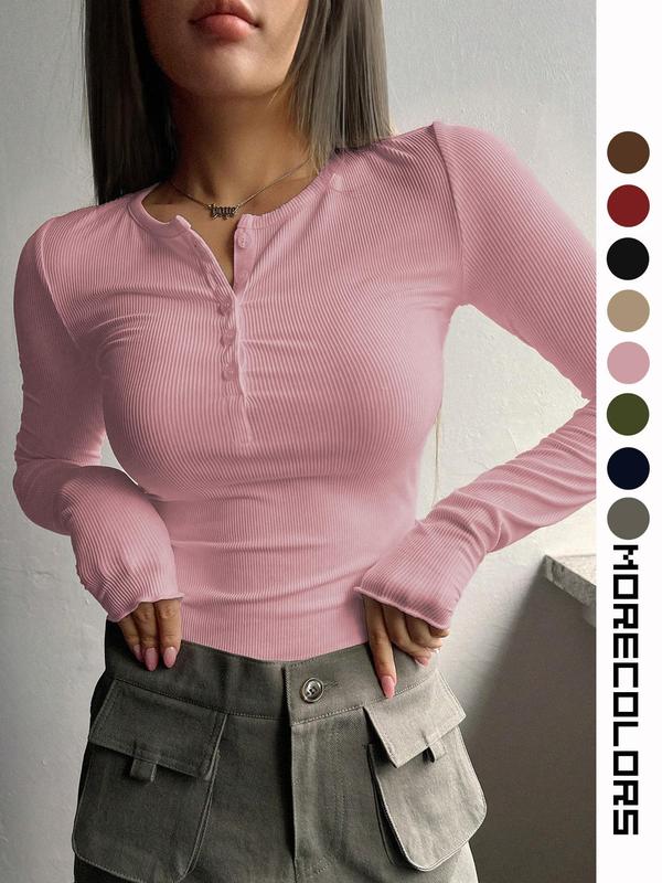 Women's Plain Button Front Tee, Casual Long Sleeve Round Neck T-shirt for Fall & Winter, Women's Clothing for Daily Wear Downtown Girl Clothes, Fall Clothes