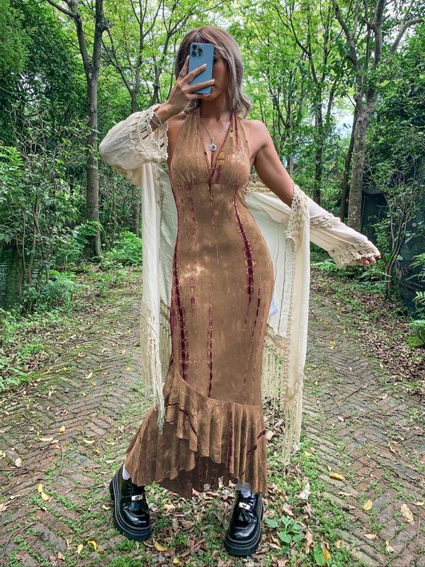Women's Sexy Tie Dye Print Ruffle Hem Tie Back Halter Bodycon Dress, Summer Clothes Women Punk Fashion Casual V Neck Long Dress for Outdoor Beach Vacation, Breathable Comfortable Dress, Lady Summer Clothes for 2024, Birthday Dresses, 80s Fashion
