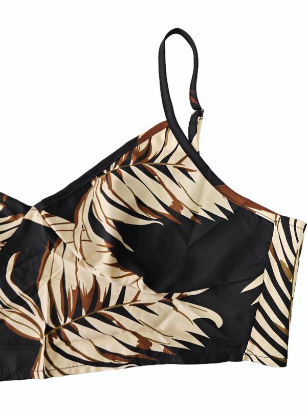 Two-Piece Set Women's Leaf Print Tie Back Wrap Crop Cami Top & Split Thigh Skirt Set, Boho Sleeveless Spaghetti Strap Top & Long Skirt for Beach Holiday Vacation, Ladies Summer Clothes