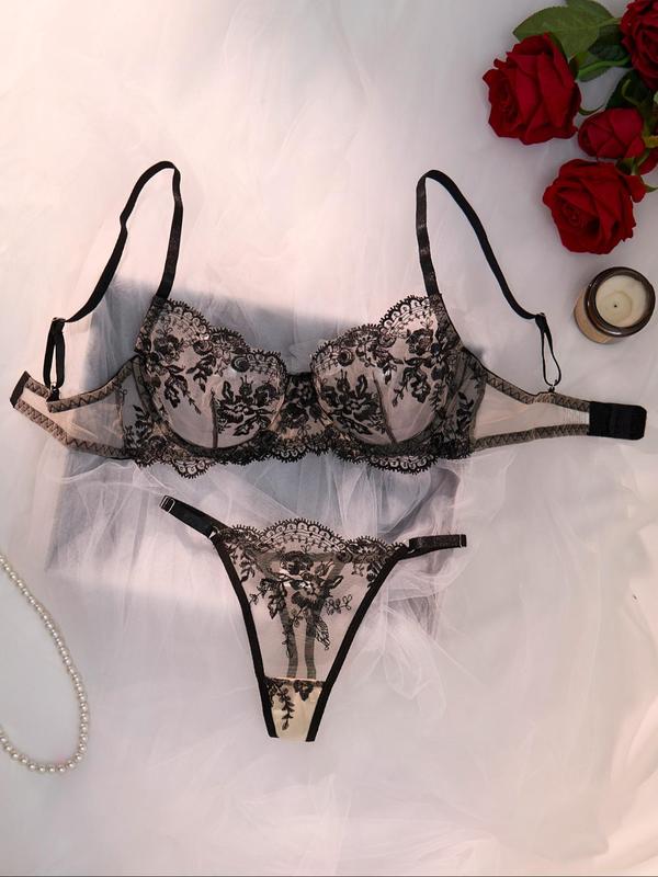 Women's Floral Embroidery Contrast Lace Bra & Thong Sexy Lingerie Set, Adjustable Strap Bra & Panty, Lingerie Set for Women