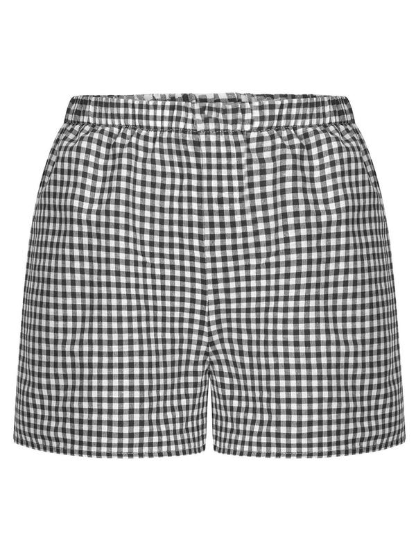 Women's Plaid Print Button High Waist Shorts, Casual Comfy Elastic Waist Wide Leg Shorts for Summer, Fashion Women's Bottoms for Daily Wear