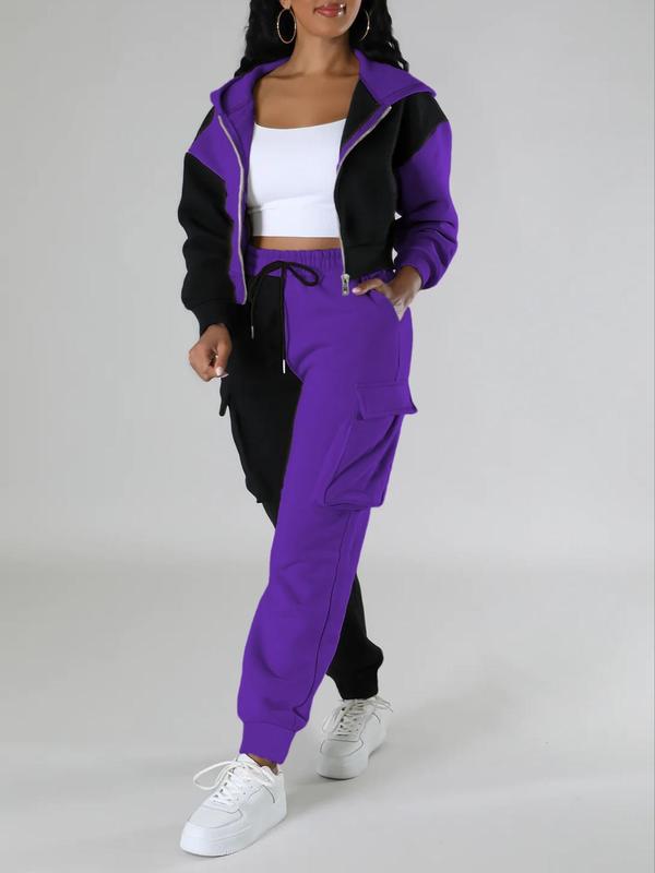Two-piece Set Women's Colorblock Zip Up Hooded Sweatshirt & Pocket Cargo Pants, Casual Fashion Drop Shoulder Long Sleeve Top & Trousers for Daily Outdoor Wear, Women's Clothing for Fall & Winter