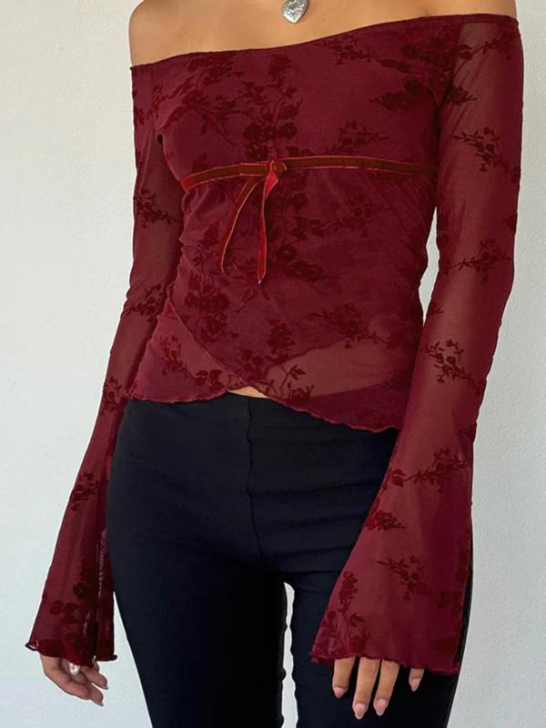Women's Christmas Deals Floral Print Bow Decor Asymmetrical Hem Off Shoulder Tee, Elegant Semi-sheer Lettuce Trim Flounce Sleeve Top for Summer, Ladies Clothes for Daily Wear, Christmas 2024 Trend, Fall & Winter Clothes