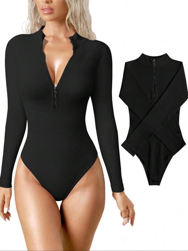 Sporty Women's Solid Color Half Zip Mock Neck Dance Leotards, Sport Button Closure Crotch Long Sleeve Dancing Bodysuit, Ladies Sportswear for All Seasons