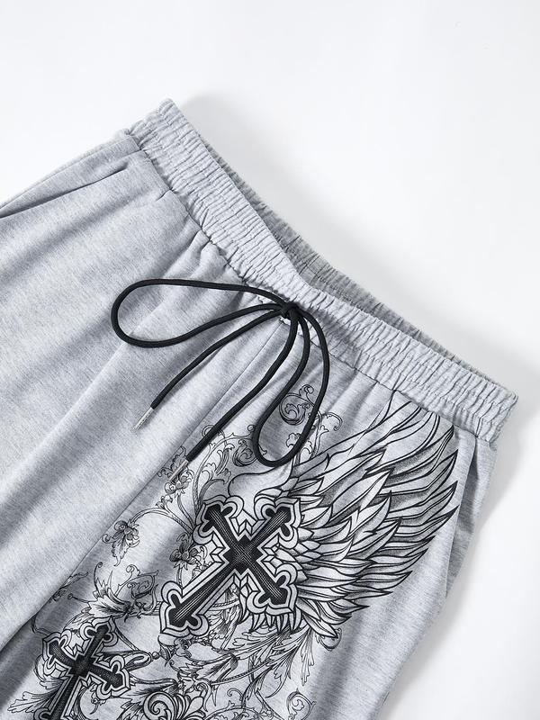 Women's Cross & Floral Print Tie Front Sweatpants, Sweatpants for Women, Punk Fashion Casual Pocket Straight Leg Trousers for Daily Wear, Ladies Bottoms for All Seasons