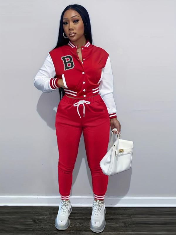 Women's Colorblock Letter Print Zip Up Jacket & Drawstring Waist Pants Two-piece Set, Casual Long Sleeve Stand Collar Outerwear & Pocket Trousers for Daily Wear, 2 Piece Sets Women,  Ladies Fall & Winter Clothes