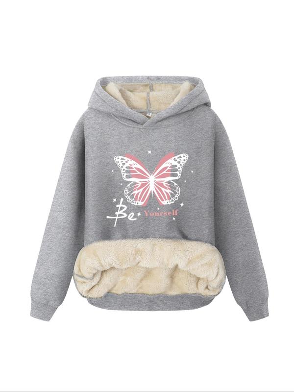 Women's Butterfly & Letter Print Thermal Lined Plush Hoodie, Casual Long Sleeve Hooded Sweatshirt for Fall & Winter, Women Clothes for Daily Wear Downtown Girl Clothes